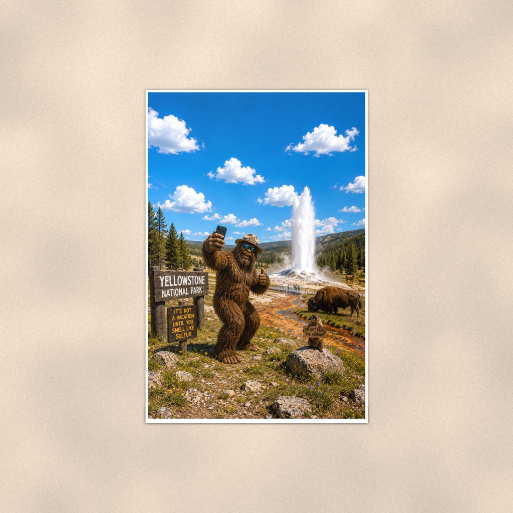 Yellowstone Bigfoot — 24x36 in art print poster, premium luster paper with a white border; poster shown straight on against a warm wall.