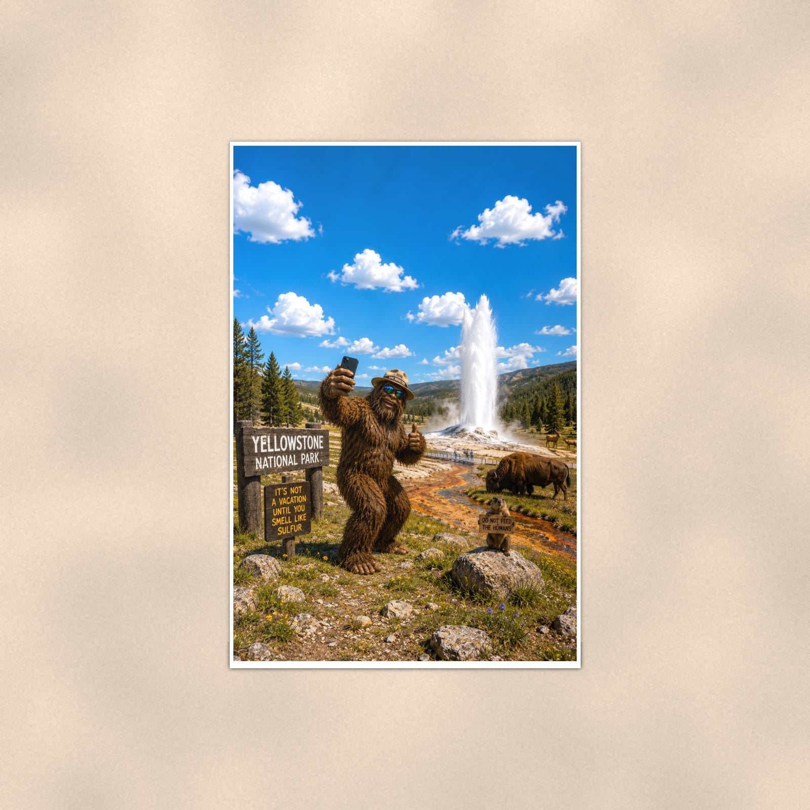 Yellowstone Bigfoot — 24x36 in art print poster, premium luster paper with a white border; poster shown straight on against a warm wall.