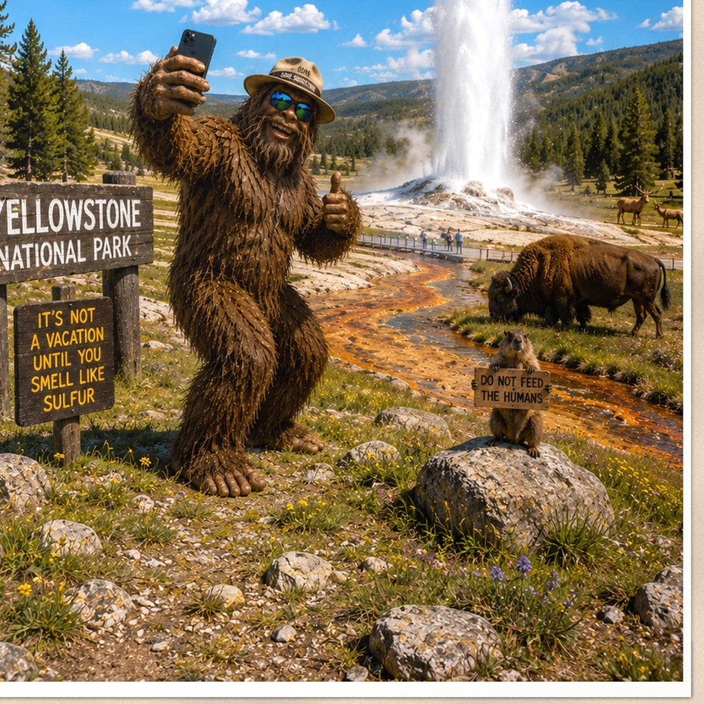 Yellowstone Bigfoot — 24x36 in art print poster, premium luster paper with a white border; close-up framed on the main subject of the artwork, paper surface visible.