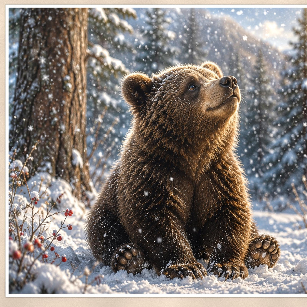 Winter Snow Bear — 36x24 in art print poster, premium luster paper with a white border; close-up framed on the main subject of the artwork, paper surface visible.