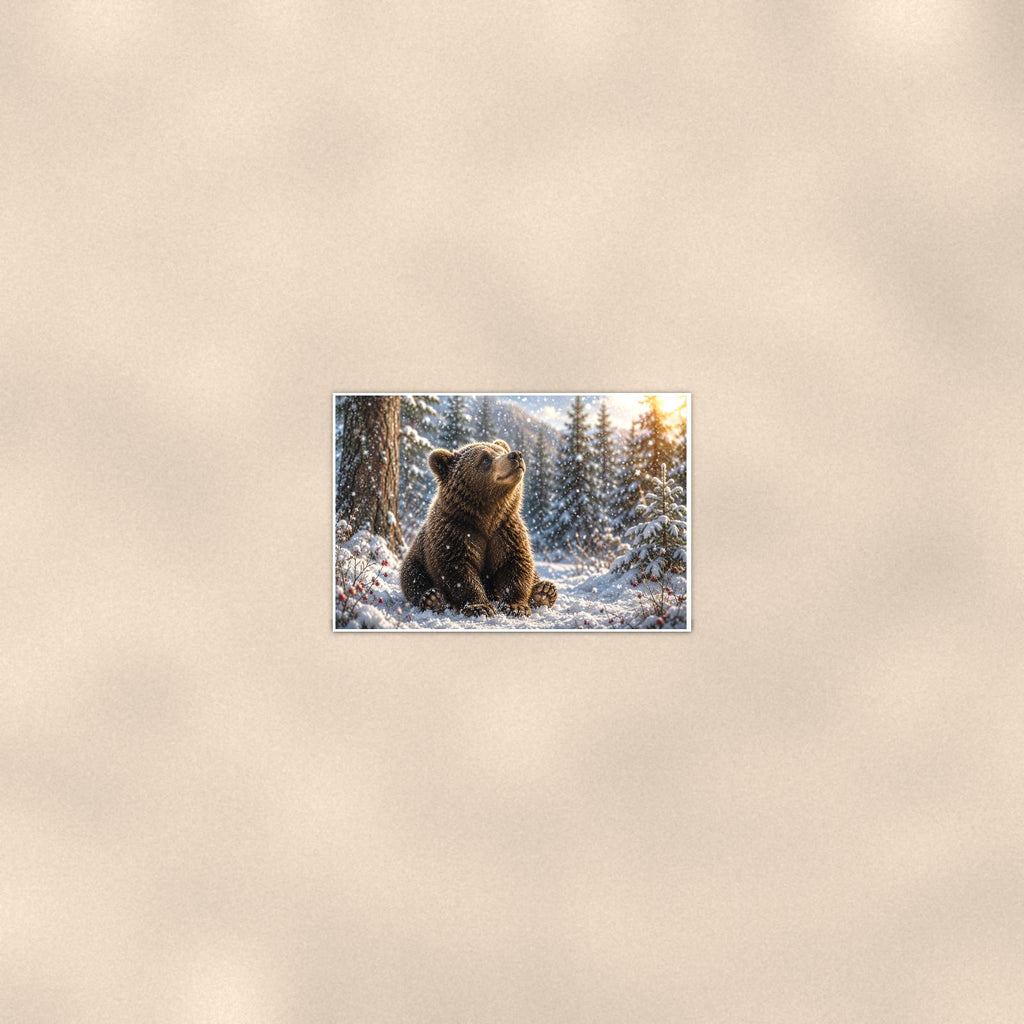 Winter Snow Bear — 36x24 in art print poster, premium luster paper with a white border; poster seen from further back, at true 24x36 in scale on a warm wall.