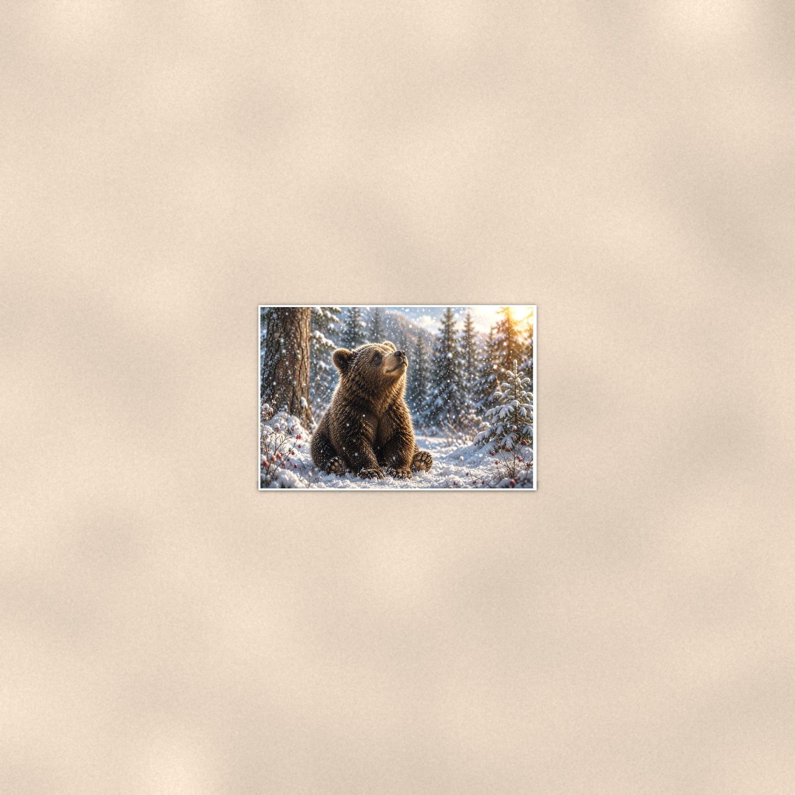 Winter Snow Bear — 36x24 in art print poster, premium luster paper with a white border; poster seen from further back, at true 24x36 in scale on a warm wall.