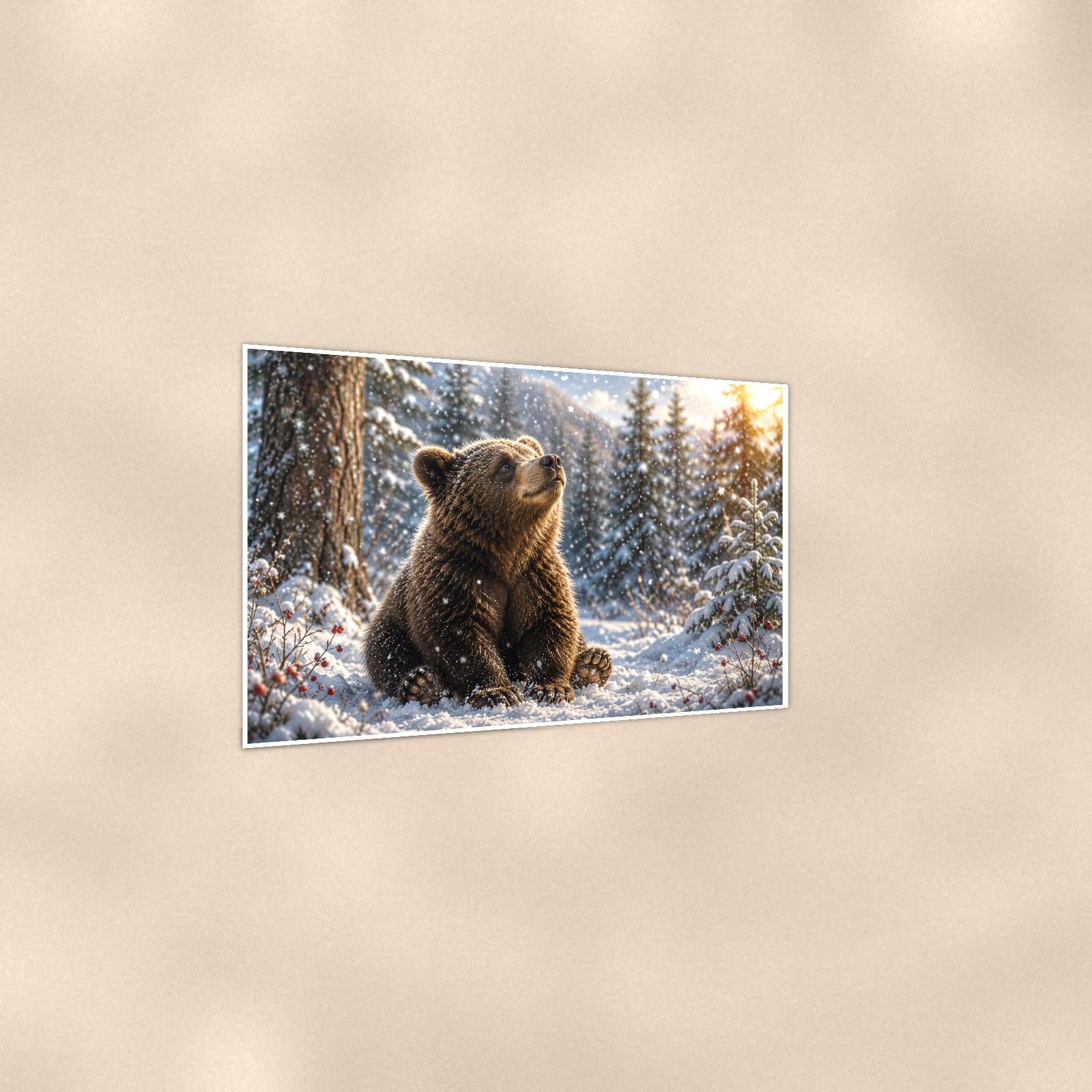 Winter Snow Bear — 36x24 in art print poster, premium luster paper with a white border; gentle three-quarter angle on a warm wall, showing the flat paper edge.