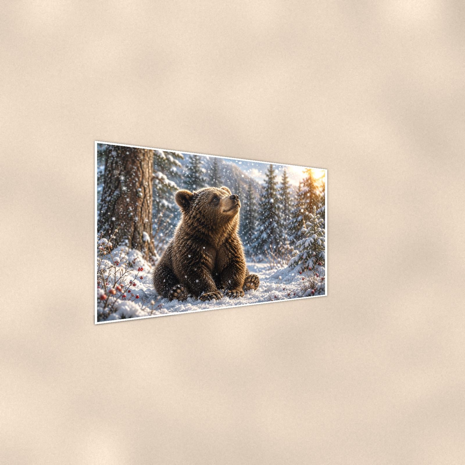Winter Snow Bear — 36x24 in art print poster, premium luster paper with a white border; steeper three-quarter angle on a warm wall, catching the luster sheen.