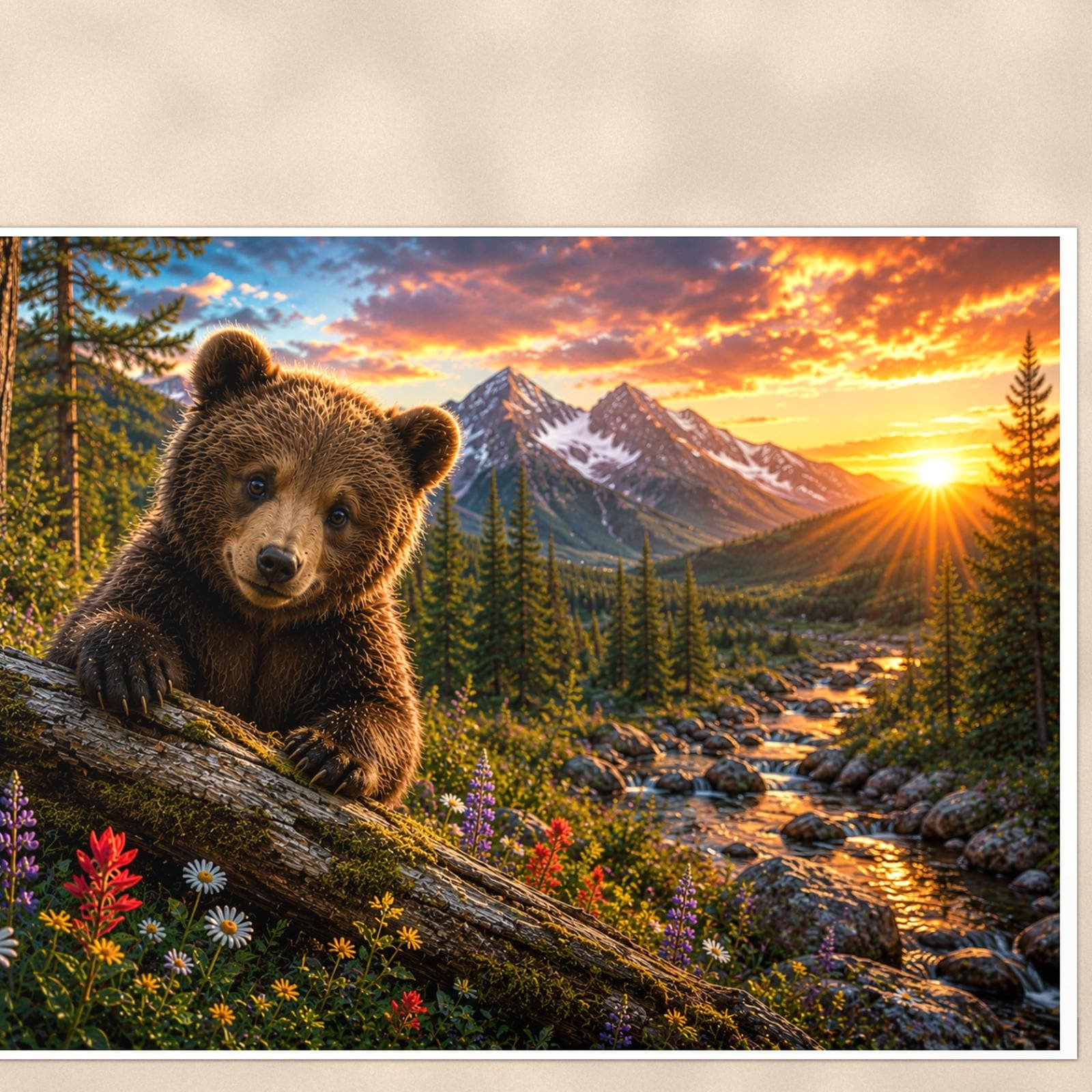 Spring Wildflower Sunset Bear — 36x24 in art print poster, premium luster paper with a white border; close-up framed on the main subject of the artwork, paper surface visible.