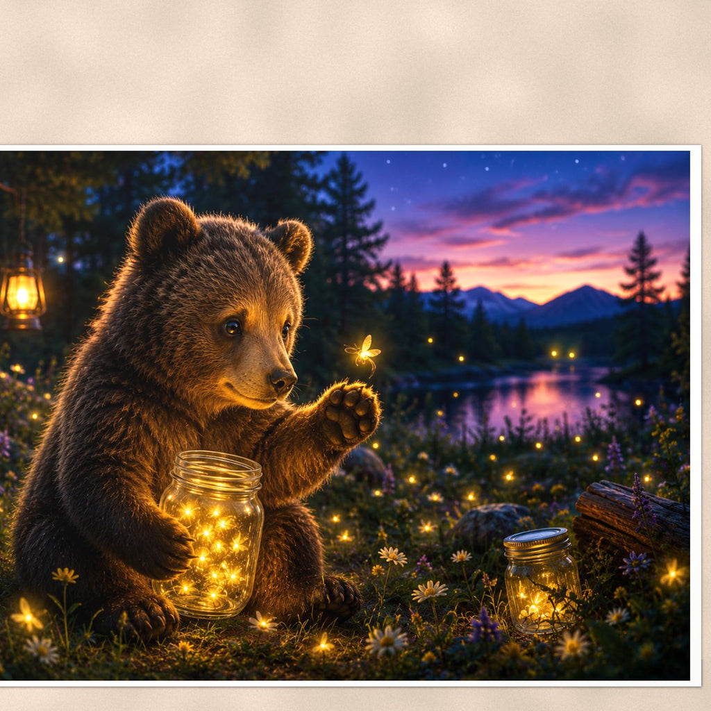 Starry Night Bear — 36x24 in art print poster, premium luster paper with a white border; close-up framed on the main subject of the artwork, paper surface visible.