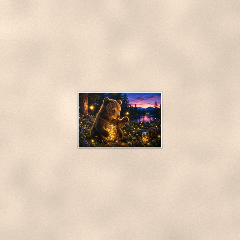 Starry Night Bear — 36x24 in art print poster, premium luster paper with a white border; poster seen from further back, at true 24x36 in scale on a warm wall.