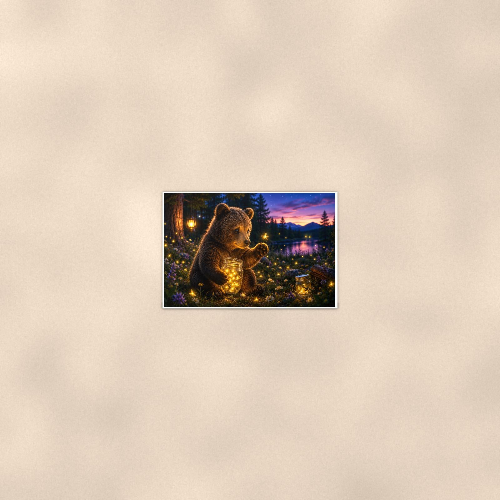 Starry Night Bear — 36x24 in art print poster, premium luster paper with a white border; poster seen from further back, at true 24x36 in scale on a warm wall.