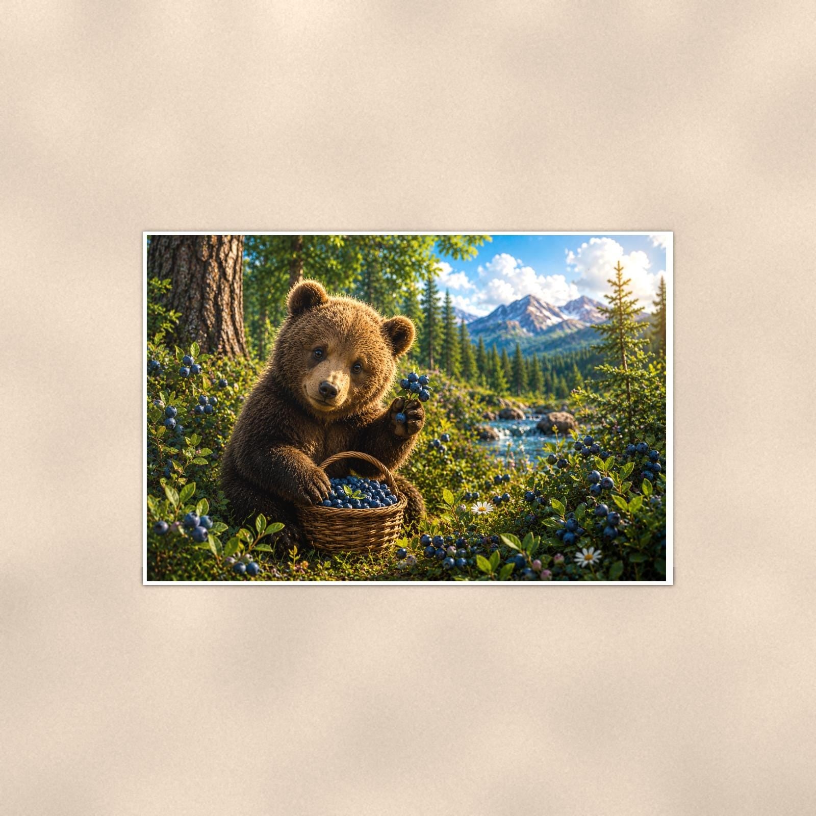 Summer Tree Branch Bear — 36x24 in art print poster, premium luster paper with a white border; poster shown straight on against a warm wall.