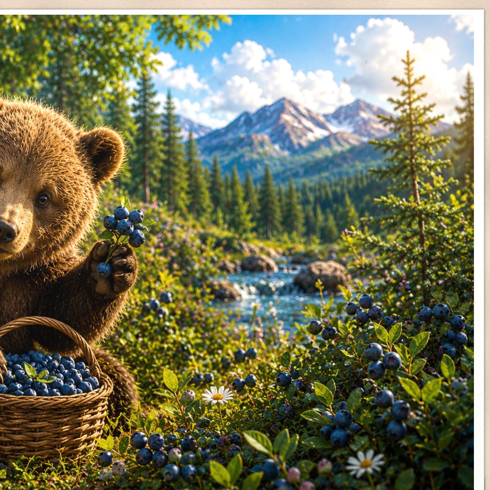 Summer Tree Branch Bear — 36x24 in art print poster, premium luster paper with a white border; close-up framed on the main subject of the artwork, paper surface visible.