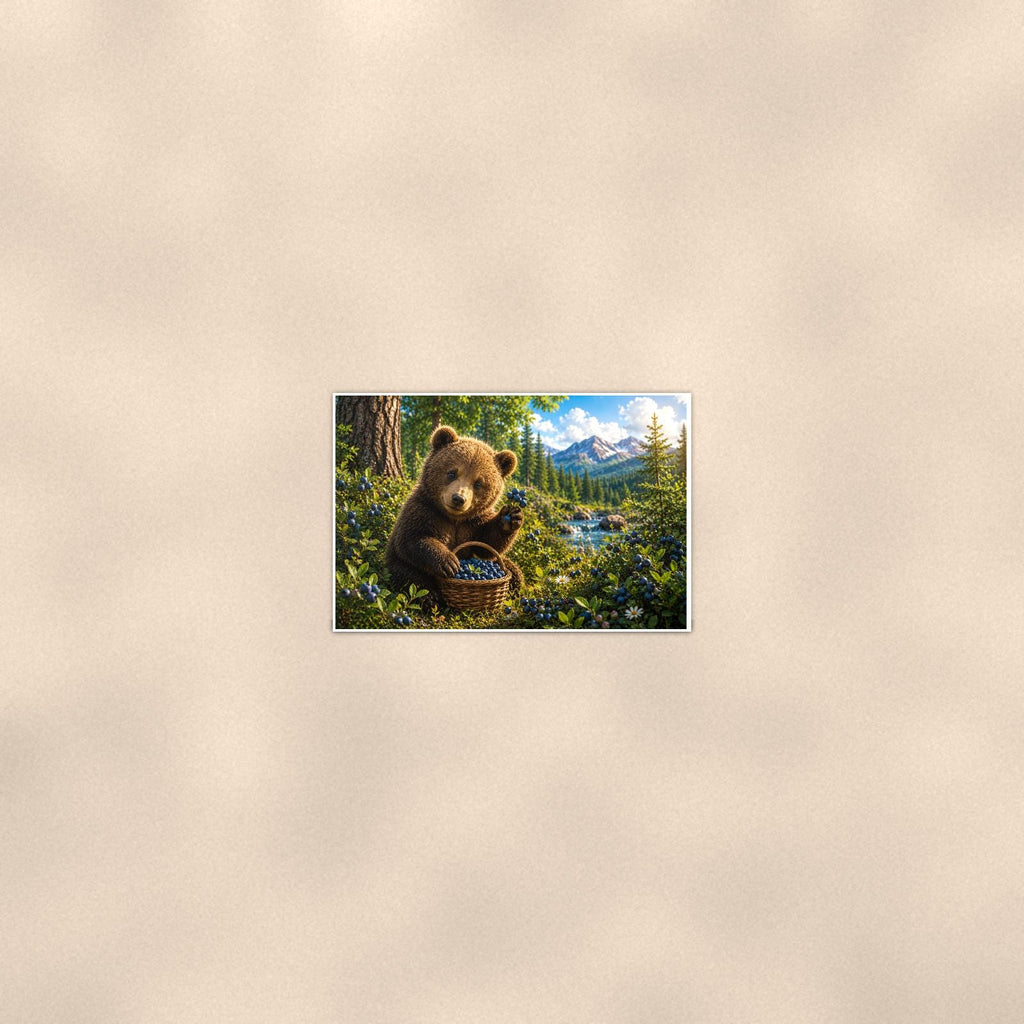 Summer Tree Branch Bear — 36x24 in art print poster, premium luster paper with a white border; poster seen from further back, at true 24x36 in scale on a warm wall.