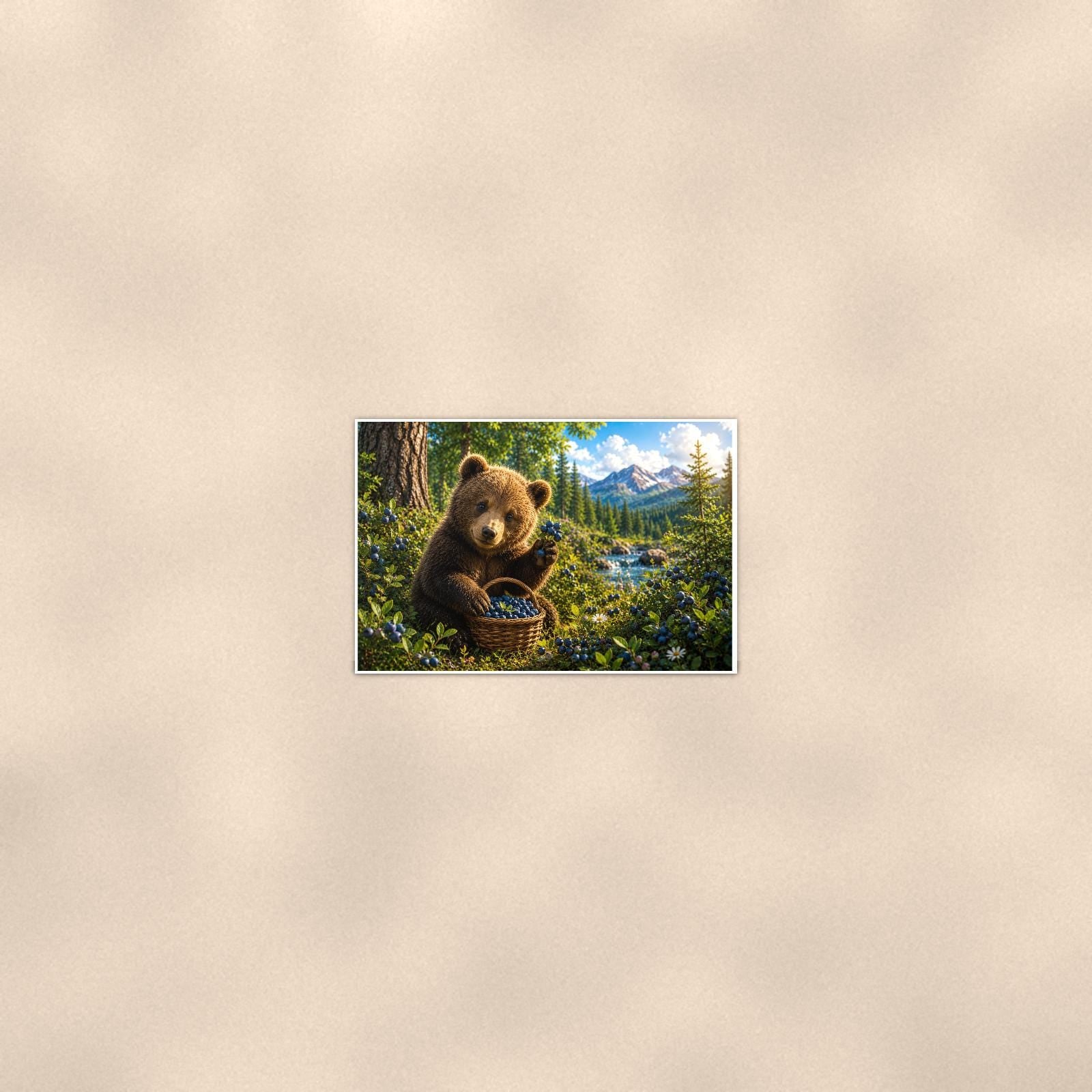 Summer Tree Branch Bear — 36x24 in art print poster, premium luster paper with a white border; poster seen from further back, at true 24x36 in scale on a warm wall.