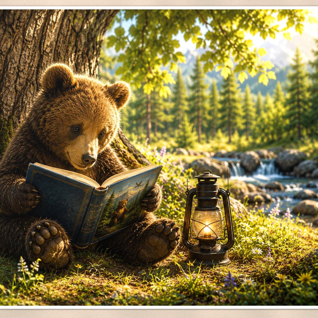 Cub in Tree Bear — 36x24 in art print poster, premium luster paper with a white border; close-up framed on the main subject of the artwork, paper surface visible.