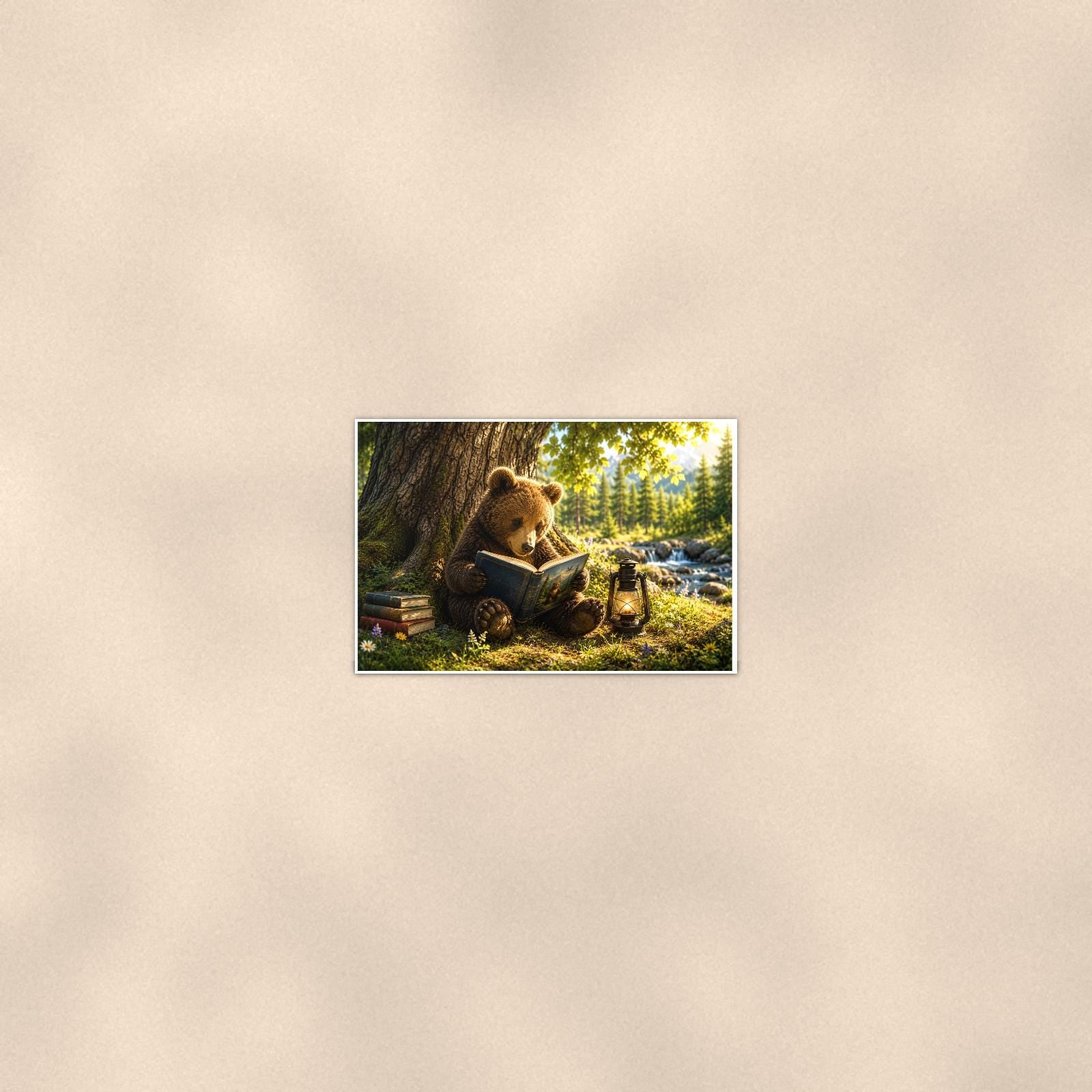 Cub in Tree Bear — 36x24 in art print poster, premium luster paper with a white border; poster seen from further back, at true 24x36 in scale on a warm wall.