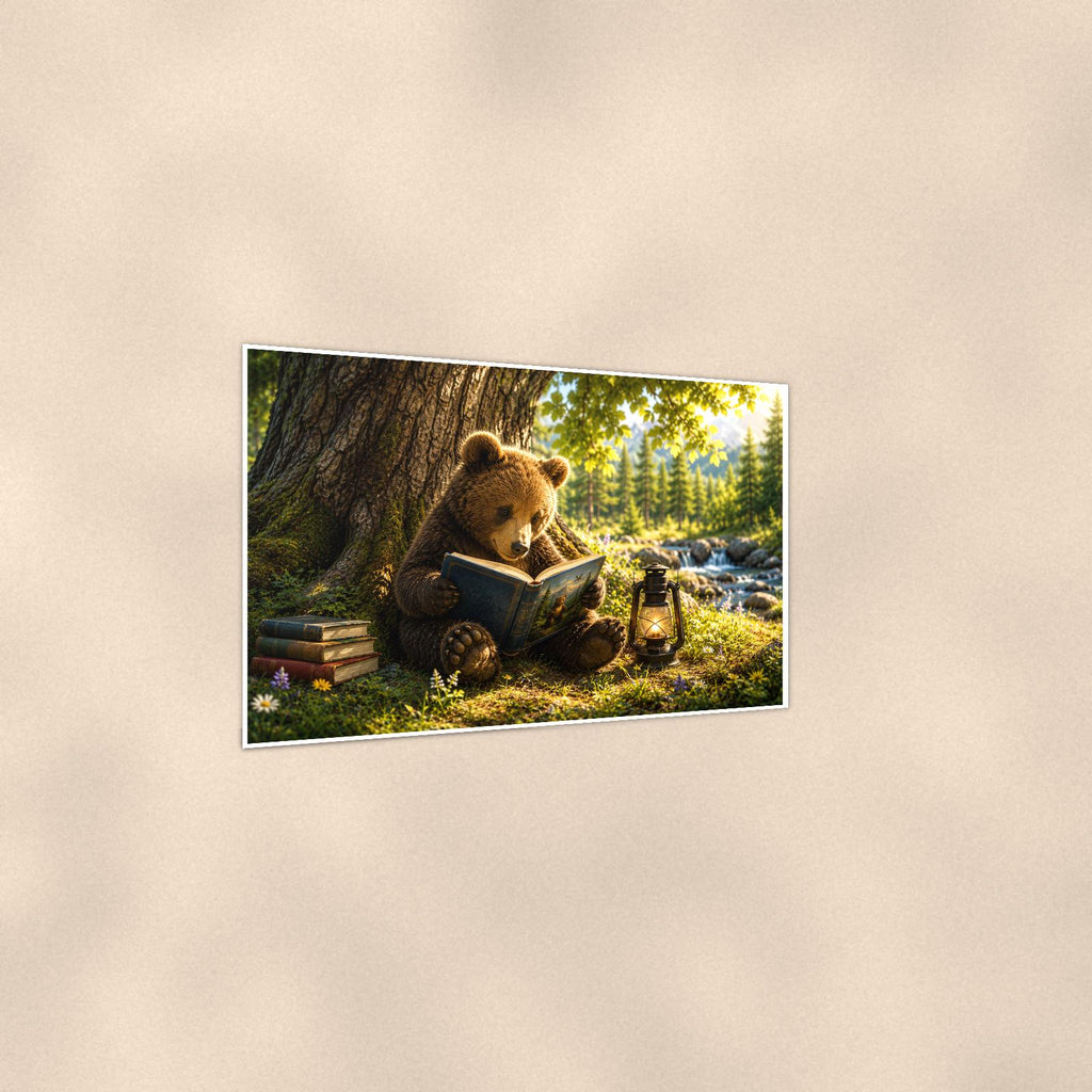 Cub in Tree Bear — 36x24 in art print poster, premium luster paper with a white border; gentle three-quarter angle on a warm wall, showing the flat paper edge.