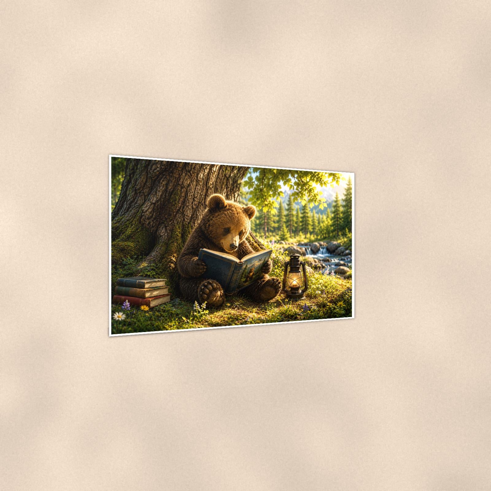 Cub in Tree Bear — 36x24 in art print poster, premium luster paper with a white border; gentle three-quarter angle on a warm wall, showing the flat paper edge.