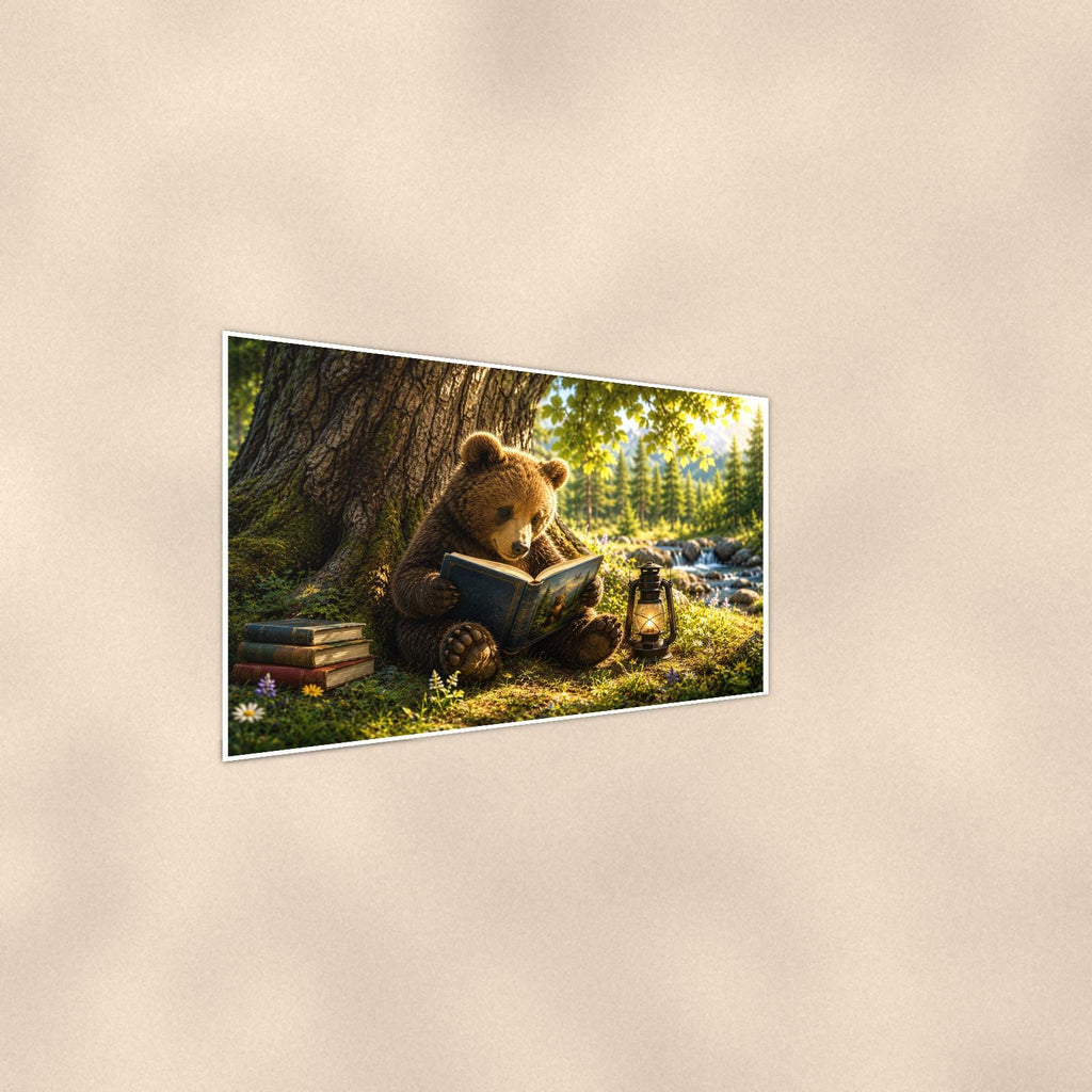 Cub in Tree Bear — 36x24 in art print poster, premium luster paper with a white border; steeper three-quarter angle on a warm wall, catching the luster sheen.