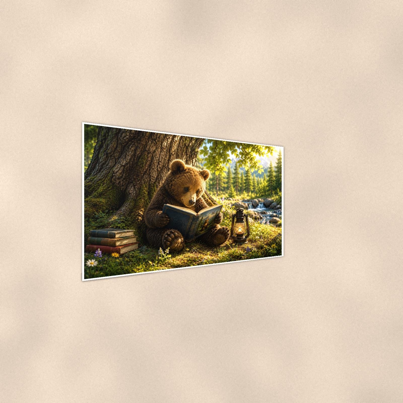 Cub in Tree Bear — 36x24 in art print poster, premium luster paper with a white border; steeper three-quarter angle on a warm wall, catching the luster sheen.