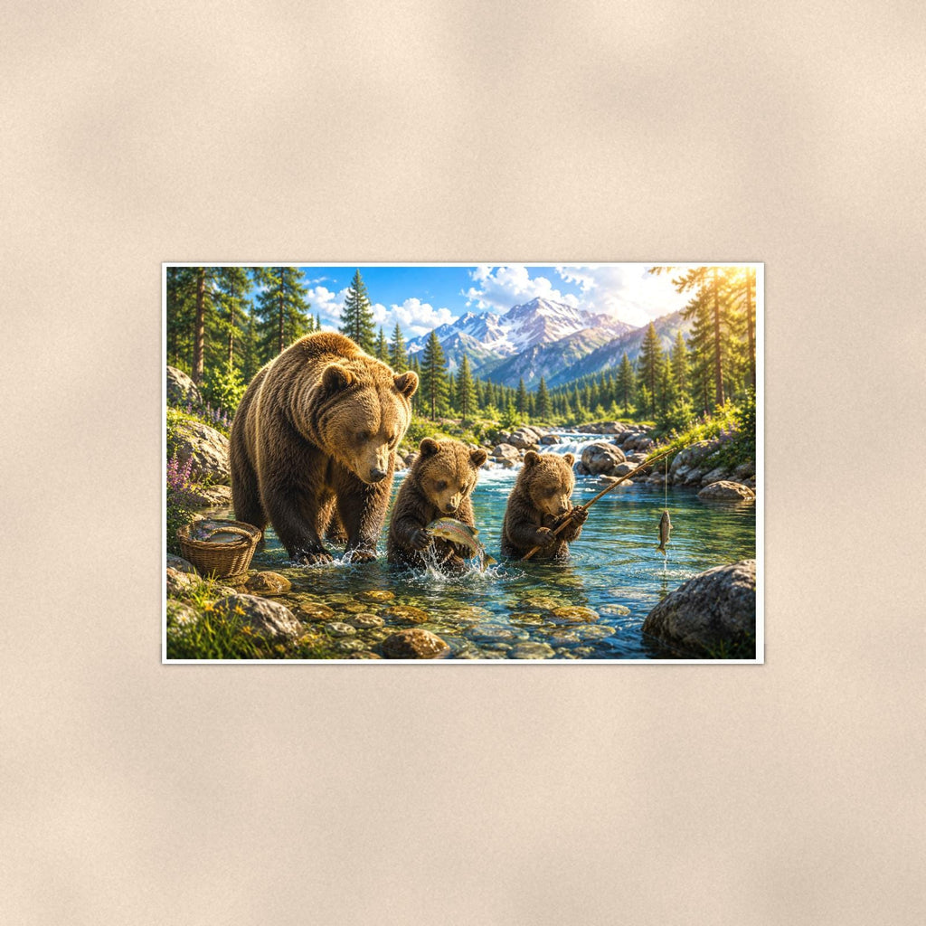 Mountain Lake Bear — 36x24 in art print poster, premium luster paper with a white border; poster shown straight on against a warm wall.