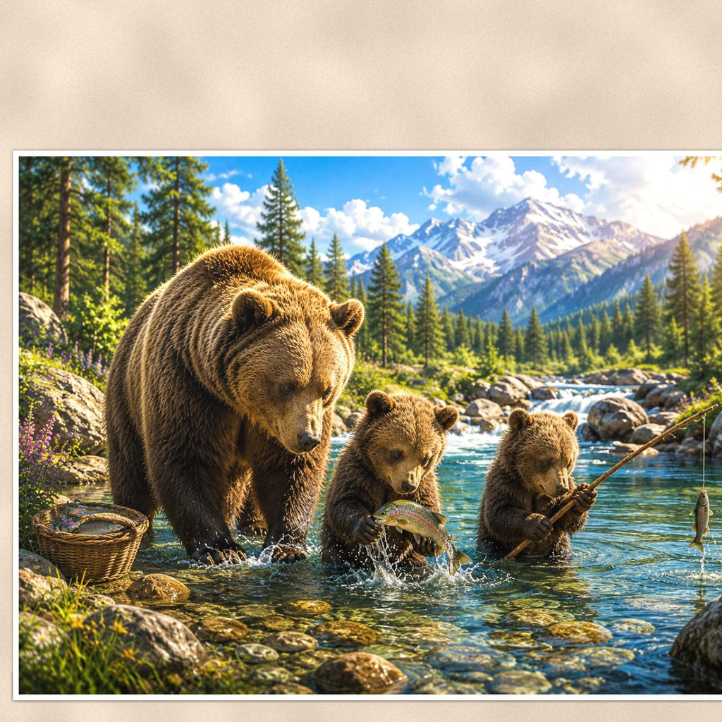 Mountain Lake Bear — 36x24 in art print poster, premium luster paper with a white border; close-up framed on the main subject of the artwork, paper surface visible.