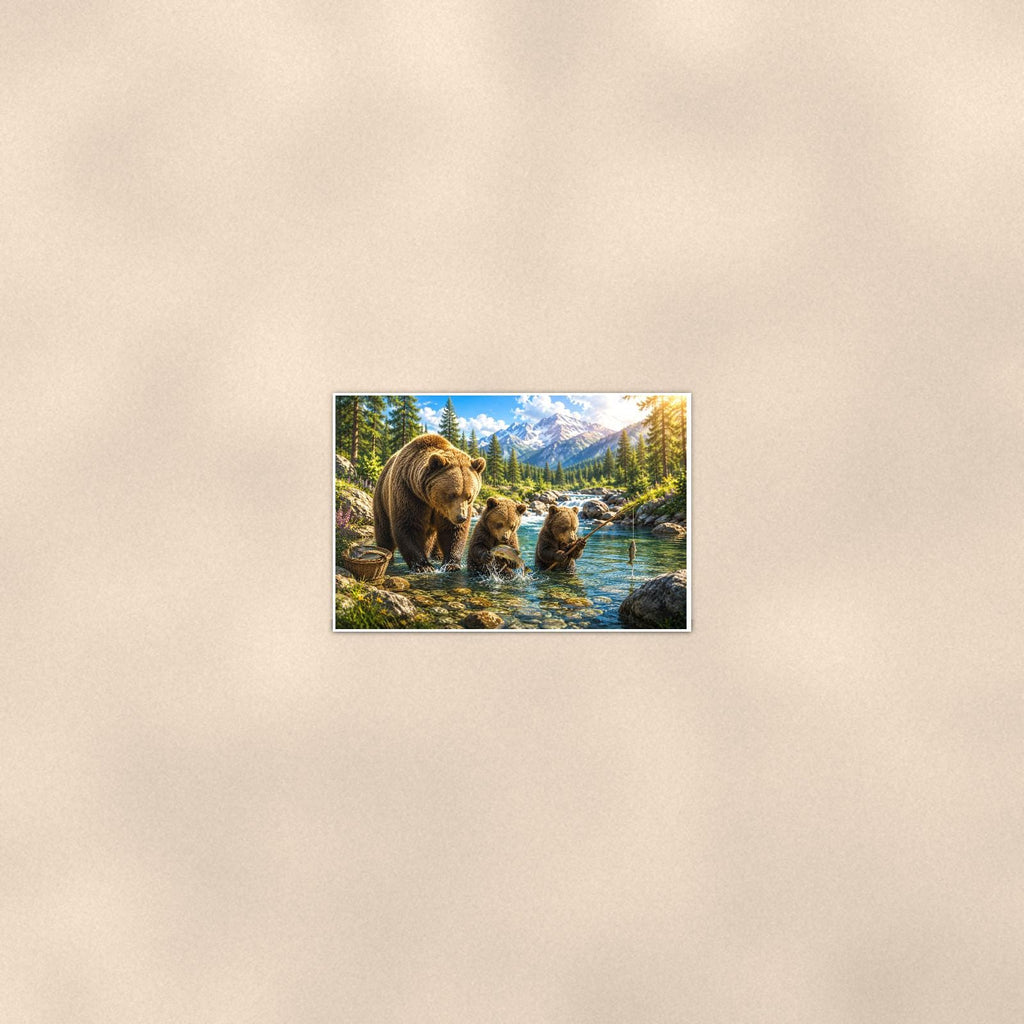 Mountain Lake Bear — 36x24 in art print poster, premium luster paper with a white border; poster seen from further back, at true 24x36 in scale on a warm wall.