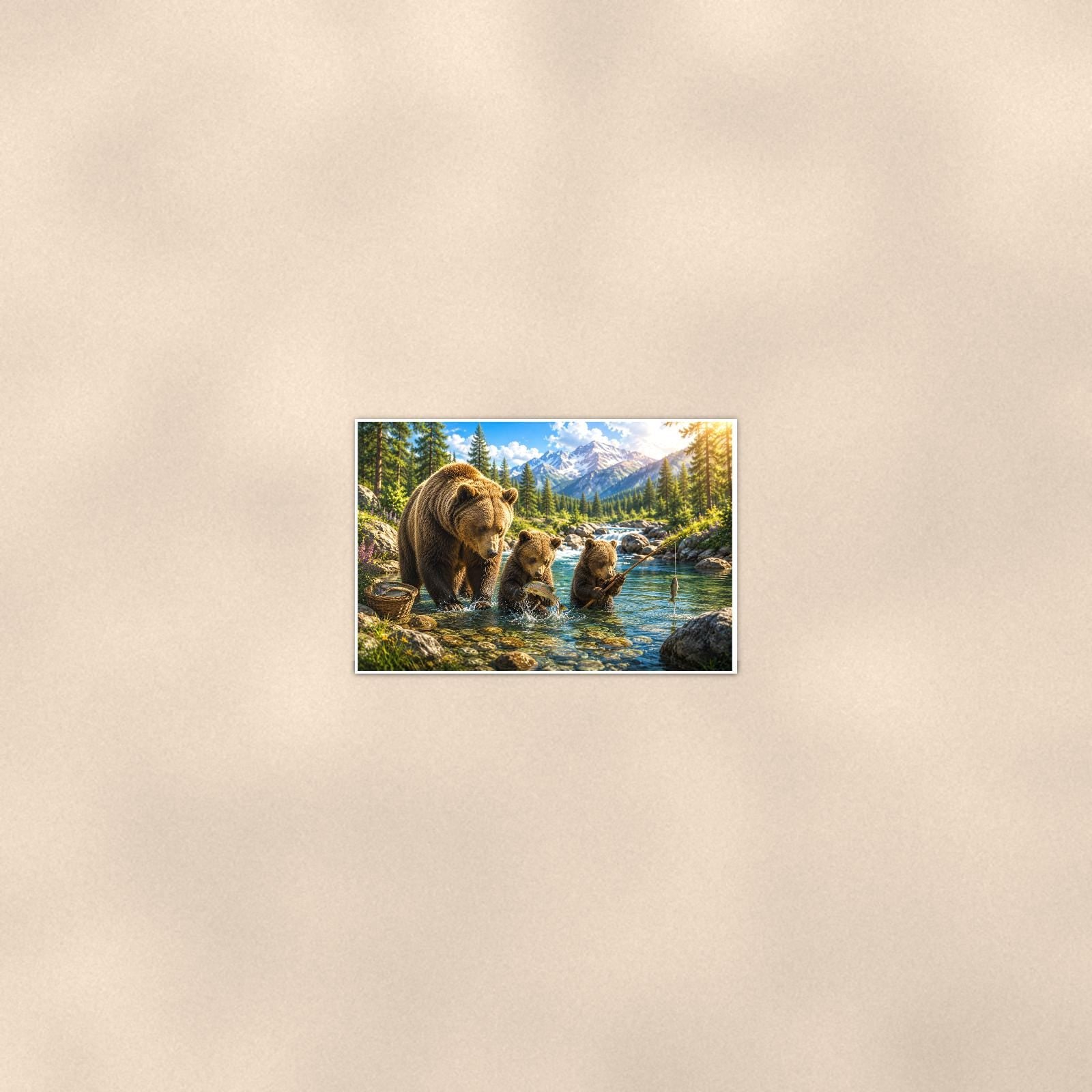 Mountain Lake Bear — 36x24 in art print poster, premium luster paper with a white border; poster seen from further back, at true 24x36 in scale on a warm wall.