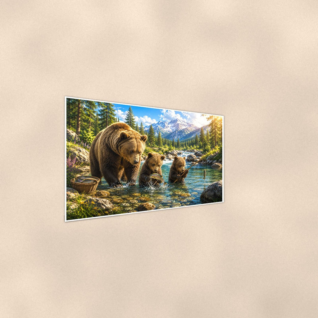 Mountain Lake Bear — 36x24 in art print poster, premium luster paper with a white border; steeper three-quarter angle on a warm wall, catching the luster sheen.