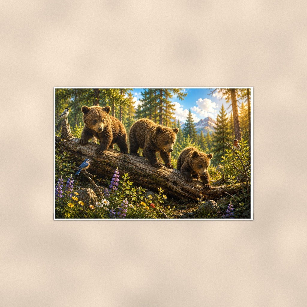 Climbing the Pines Bear — 36x24 in art print poster, premium luster paper with a white border; poster shown straight on against a warm wall.