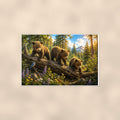 Climbing the Pines Bear — 36x24 in art print poster, premium luster paper with a white border; poster shown straight on against a warm wall.