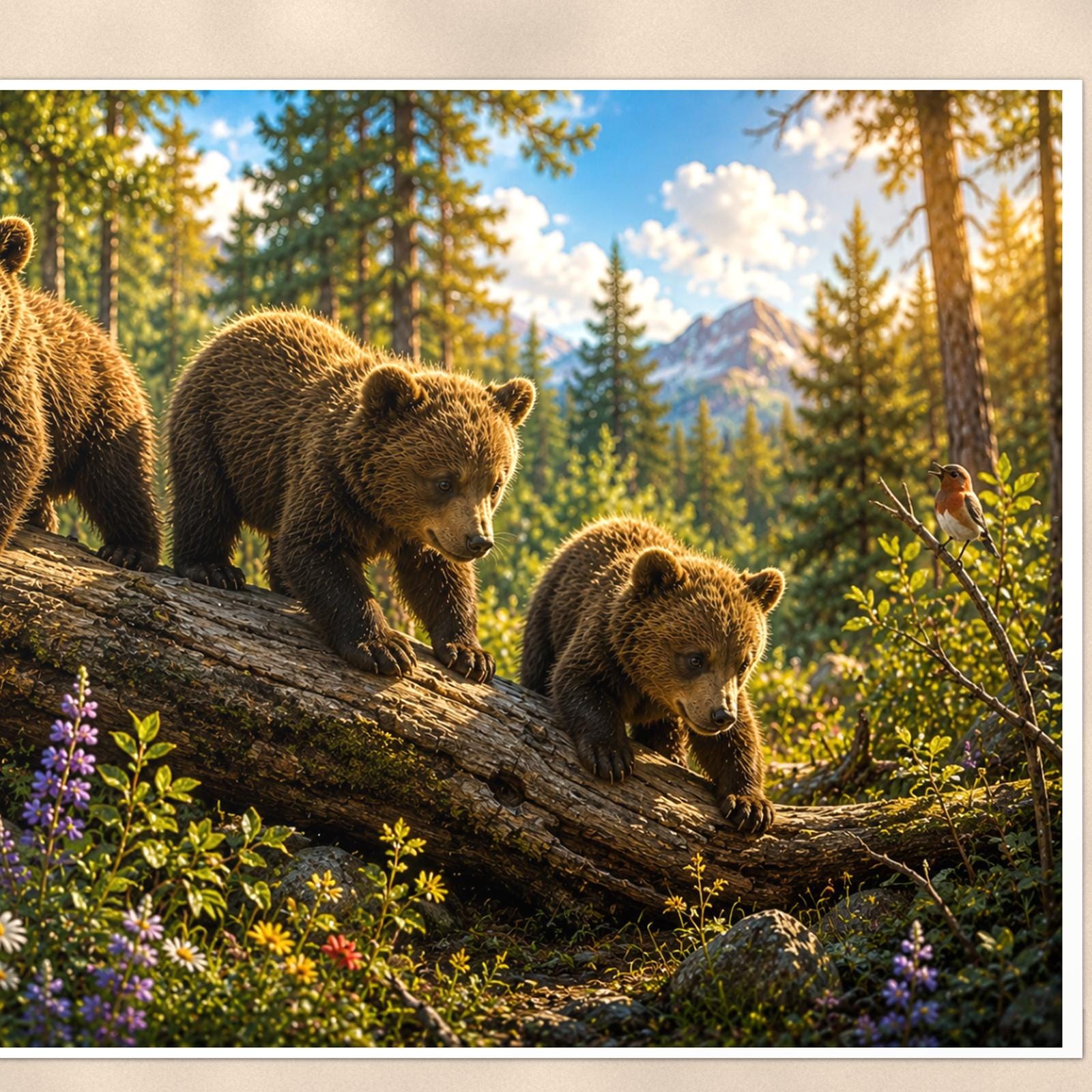 Climbing the Pines Bear — 36x24 in art print poster, premium luster paper with a white border; close-up framed on the main subject of the artwork, paper surface visible.