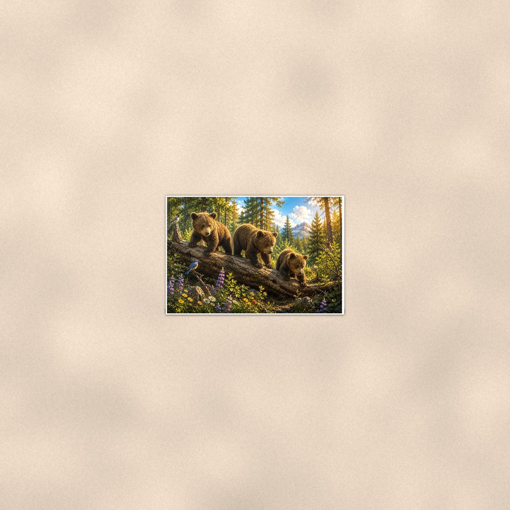 Climbing the Pines Bear — 36x24 in art print poster, premium luster paper with a white border; poster seen from further back, at true 24x36 in scale on a warm wall.