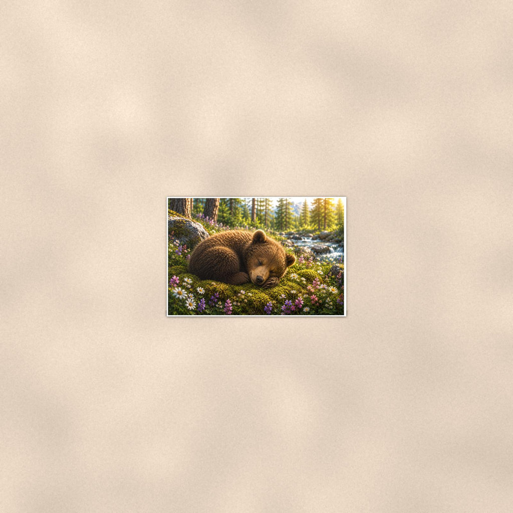 Wildflower Meadow Bear — 36x24 in art print poster, premium luster paper with a white border; poster seen from further back, at true 24x36 in scale on a warm wall.