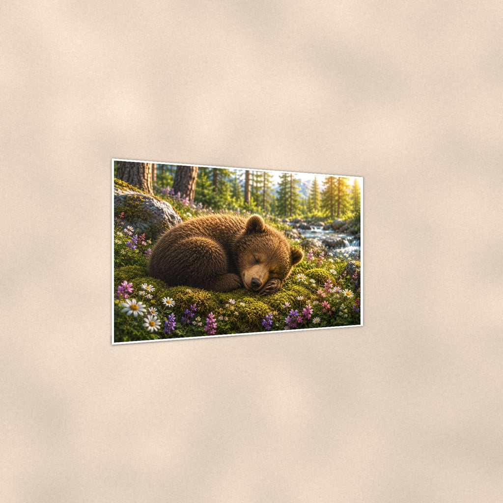 Wildflower Meadow Bear — 36x24 in art print poster, premium luster paper with a white border; gentle three-quarter angle on a warm wall, showing the flat paper edge.