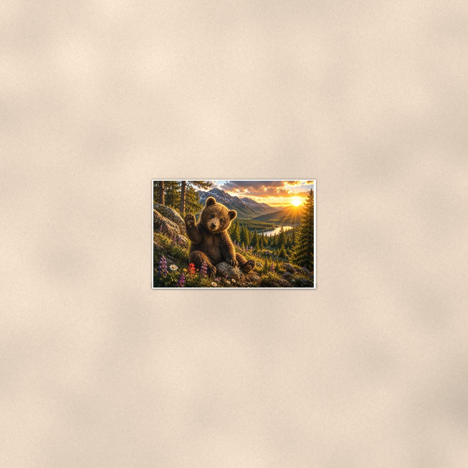 Sunset Log Bear — 36x24 in art print poster, premium luster paper with a white border; poster seen from further back, at true 24x36 in scale on a warm wall.