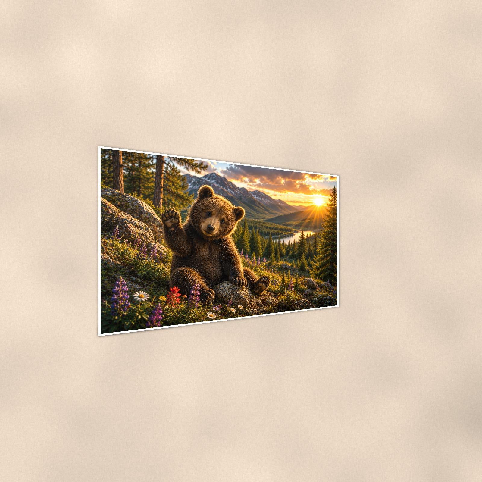 Sunset Log Bear — 36x24 in art print poster, premium luster paper with a white border; steeper three-quarter angle on a warm wall, catching the luster sheen.