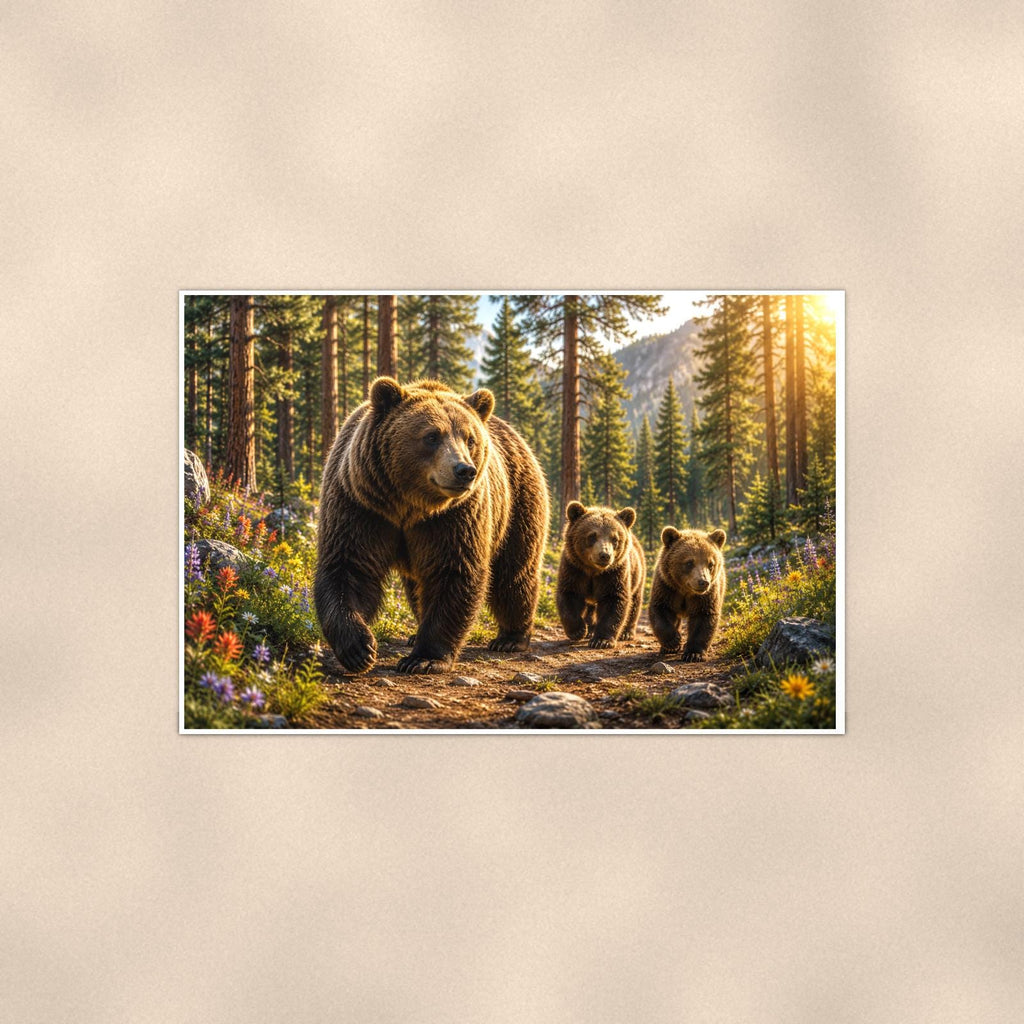 Forest Sunset Bear — 36x24 in art print poster, premium luster paper with a white border; poster shown straight on against a warm wall.