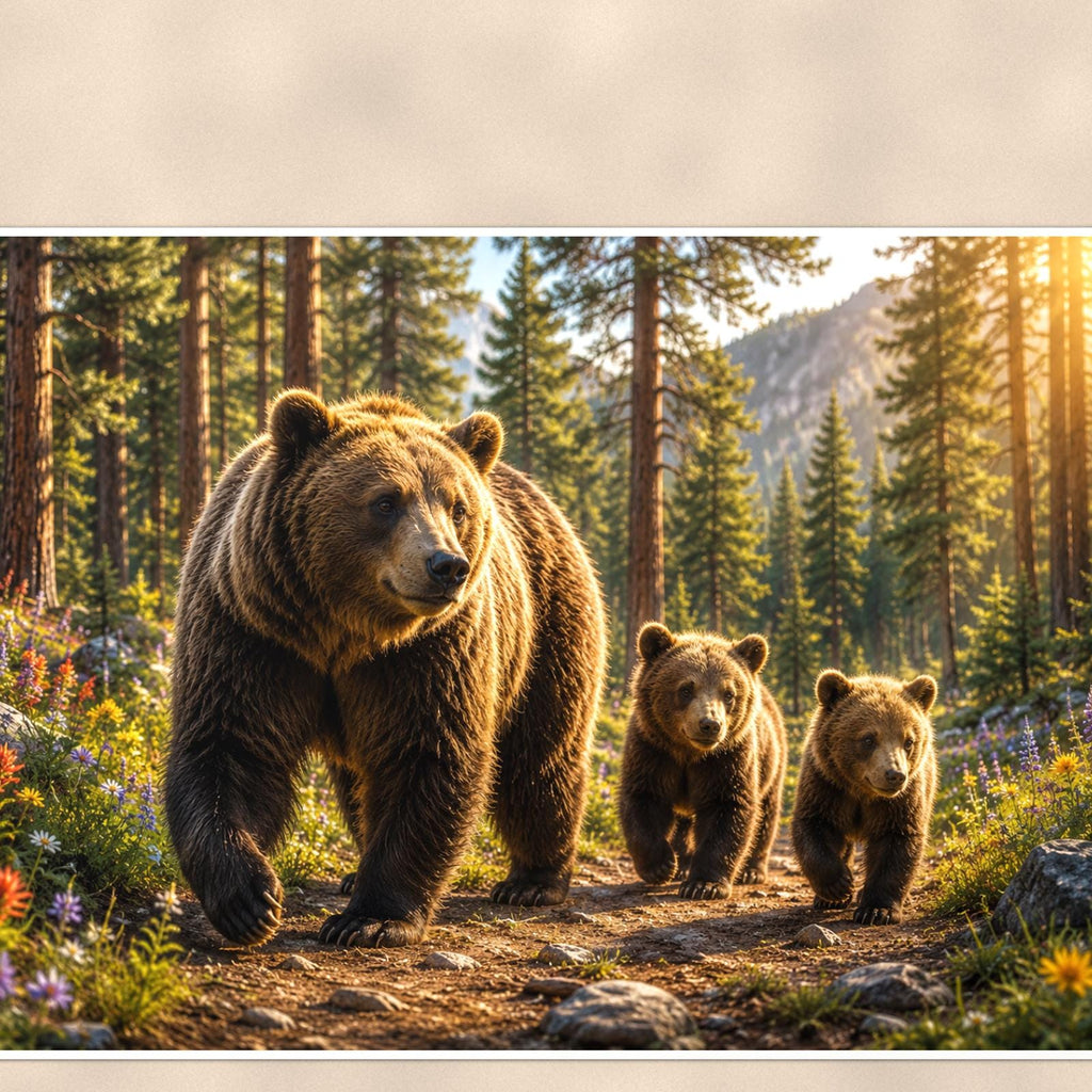 Forest Sunset Bear — 36x24 in art print poster, premium luster paper with a white border; close-up framed on the main subject of the artwork, paper surface visible.
