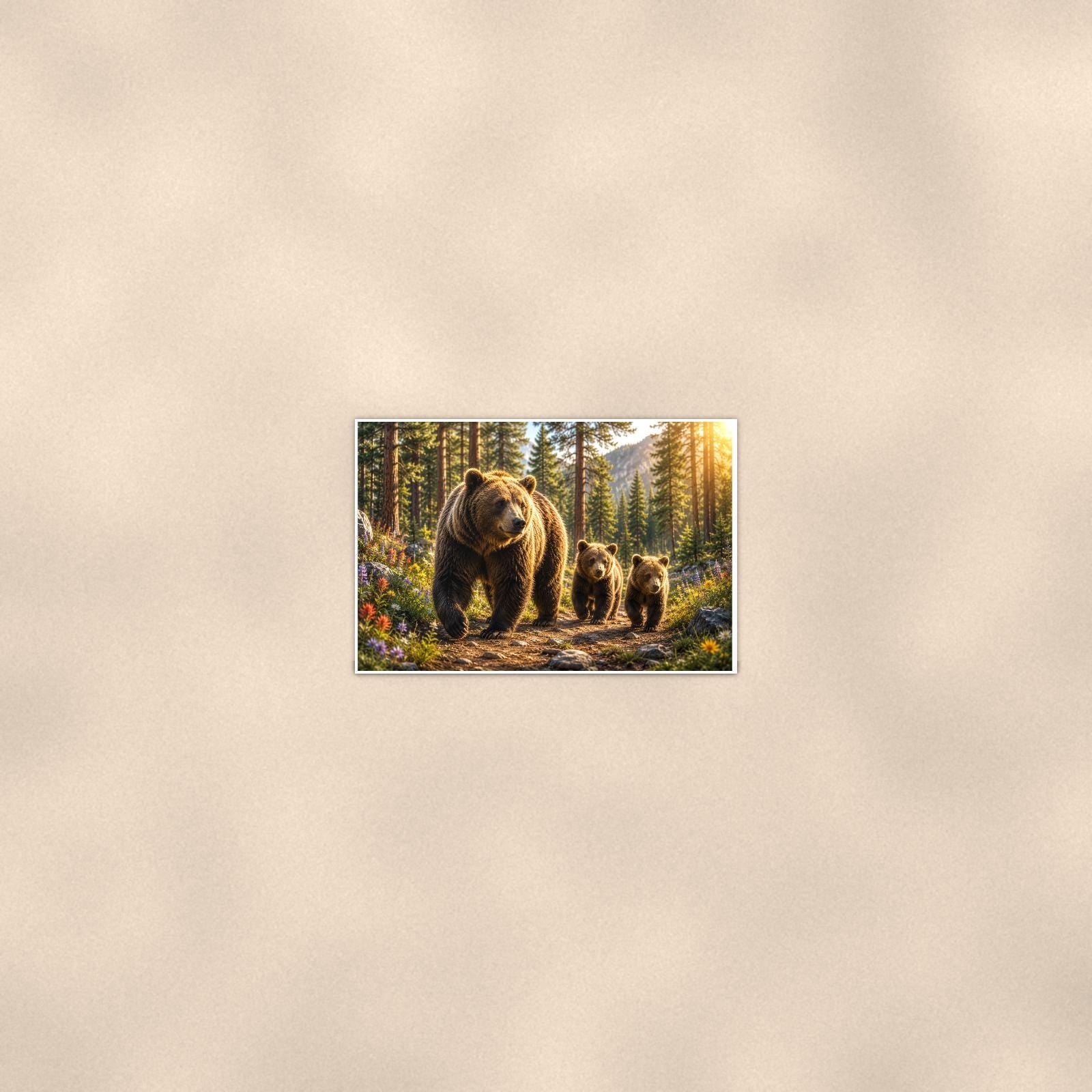 Forest Sunset Bear — 36x24 in art print poster, premium luster paper with a white border; poster seen from further back, at true 24x36 in scale on a warm wall.