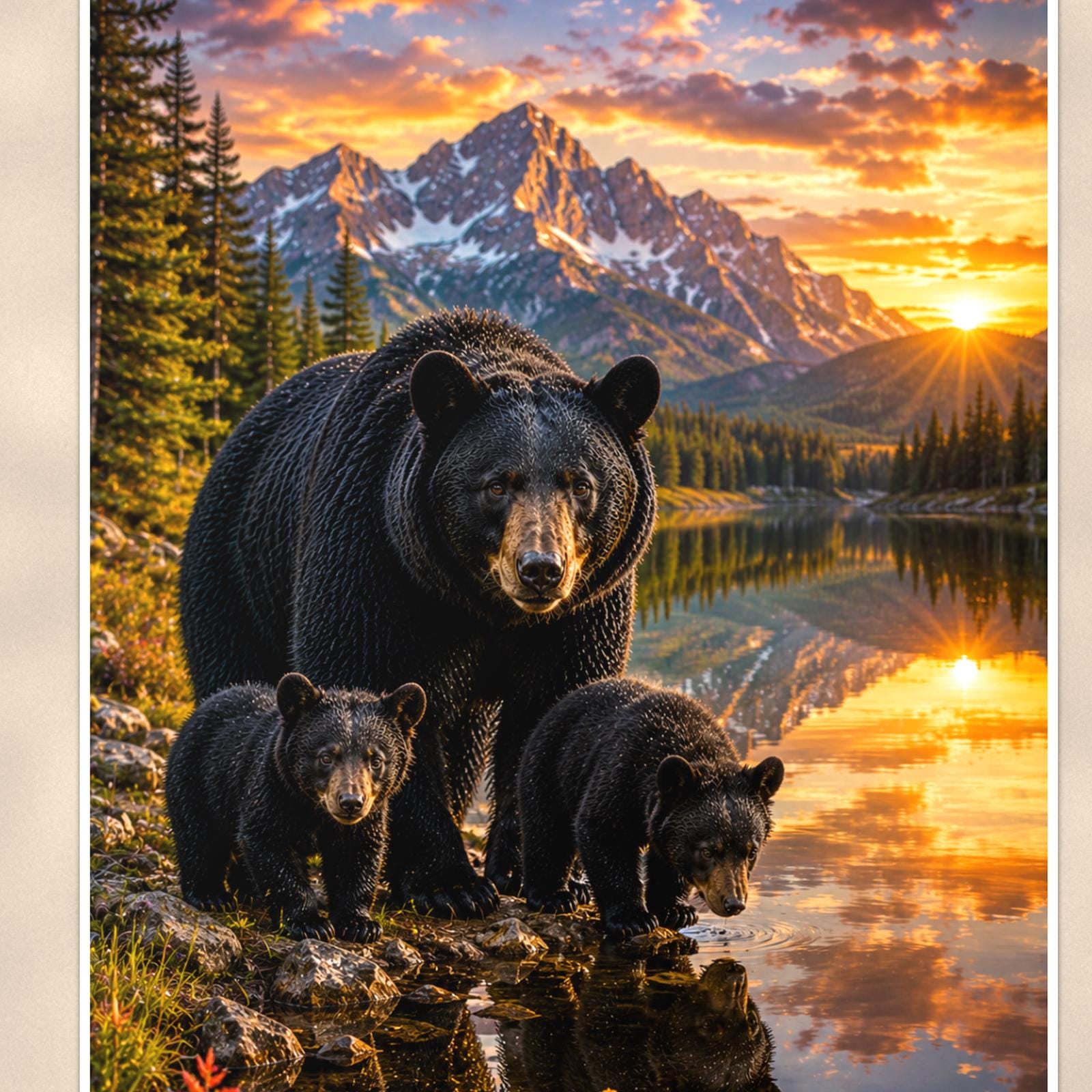 Family at the Lake Bear — 24x36 in art print poster, premium luster paper with a white border; close-up framed on the main subject of the artwork, paper surface visible.