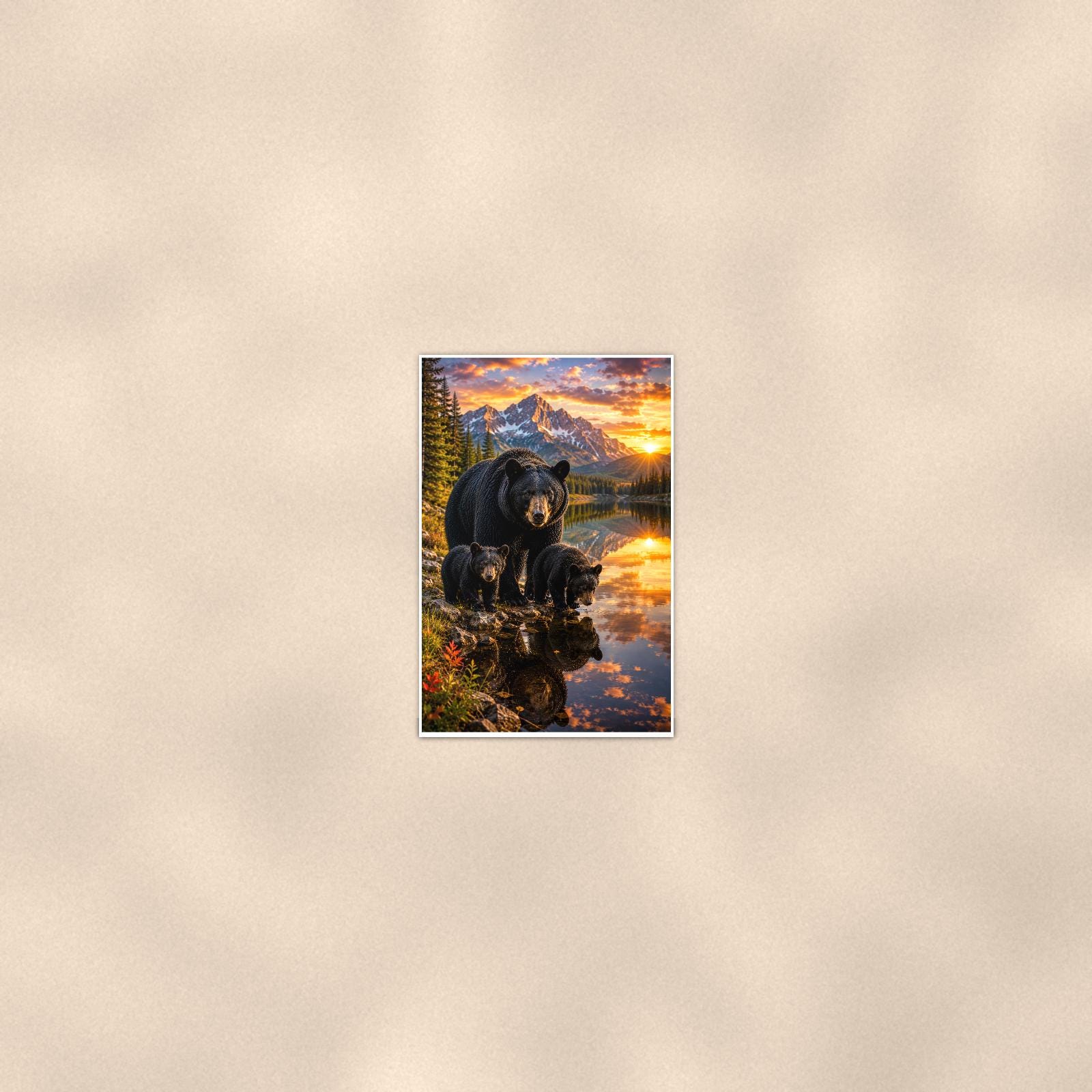 Family at the Lake Bear — 24x36 in art print poster, premium luster paper with a white border; poster seen from further back, at true 24x36 in scale on a warm wall.