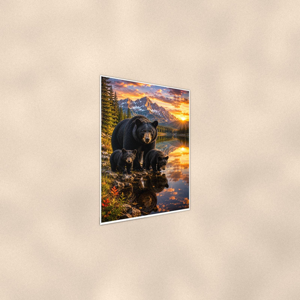 Family at the Lake Bear — 24x36 in art print poster, premium luster paper with a white border; steeper three-quarter angle on a warm wall, catching the luster sheen.