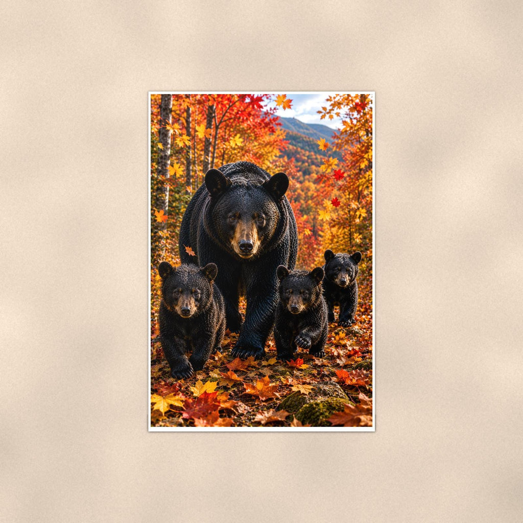 Autumn Family Bear — 24x36 in art print poster, premium luster paper with a white border; poster shown straight on against a warm wall.