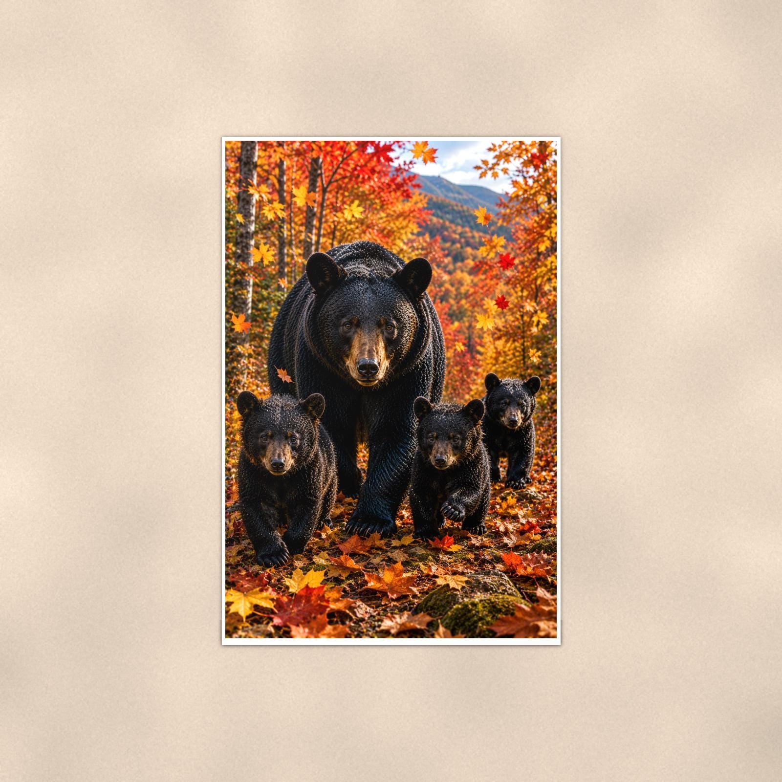 Autumn Family Bear — 24x36 in art print poster, premium luster paper with a white border; poster shown straight on against a warm wall.