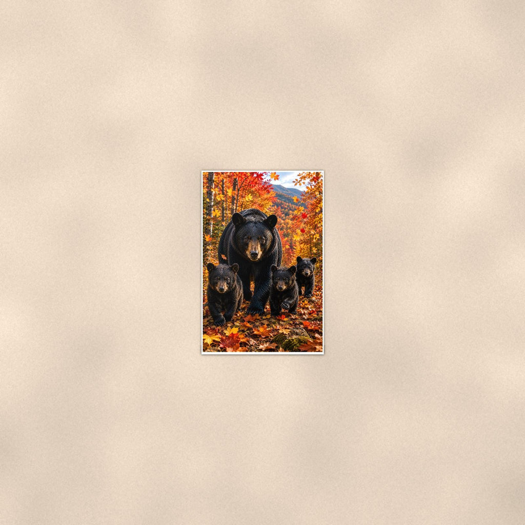 Autumn Family Bear — 24x36 in art print poster, premium luster paper with a white border; poster seen from further back, at true 24x36 in scale on a warm wall.