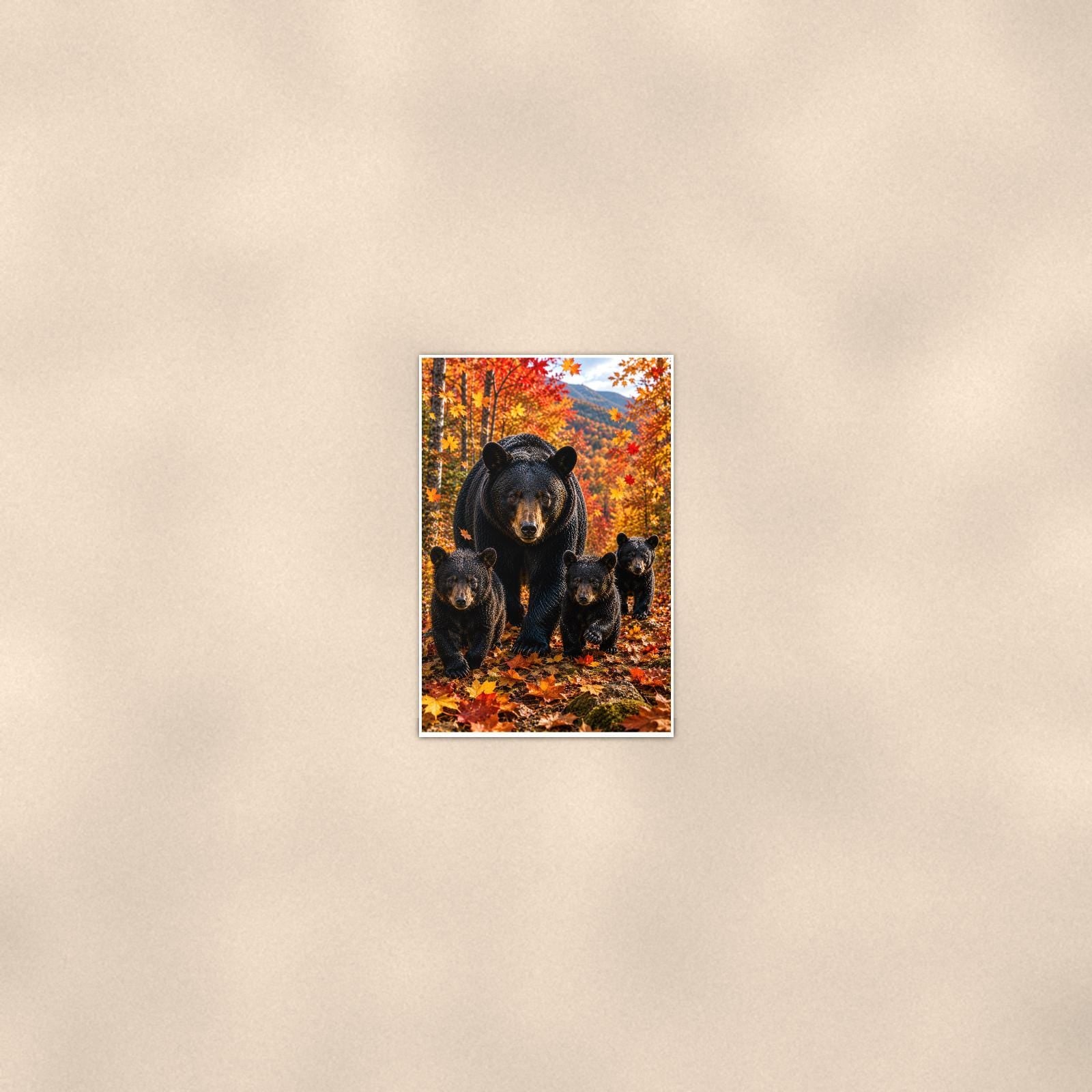 Autumn Family Bear — 24x36 in art print poster, premium luster paper with a white border; poster seen from further back, at true 24x36 in scale on a warm wall.