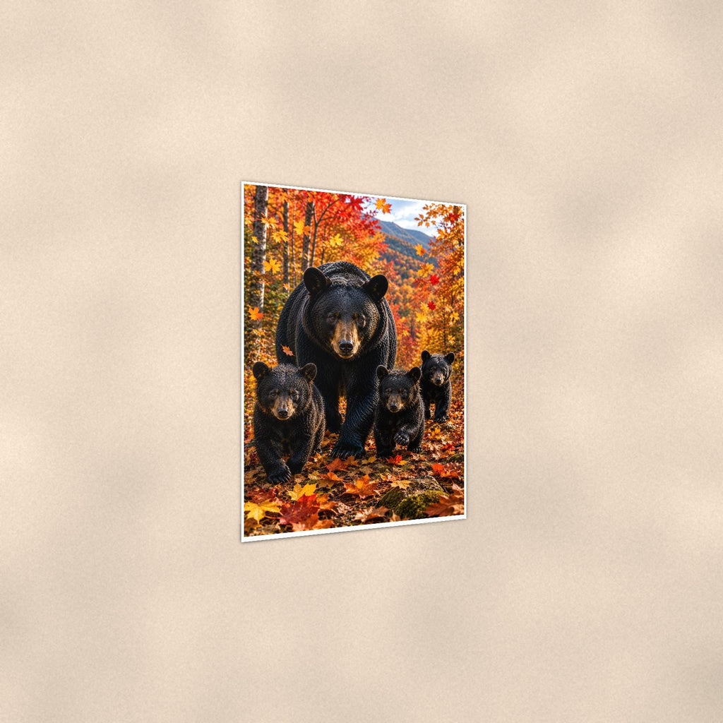Autumn Family Bear — 24x36 in art print poster, premium luster paper with a white border; gentle three-quarter angle on a warm wall, showing the flat paper edge.