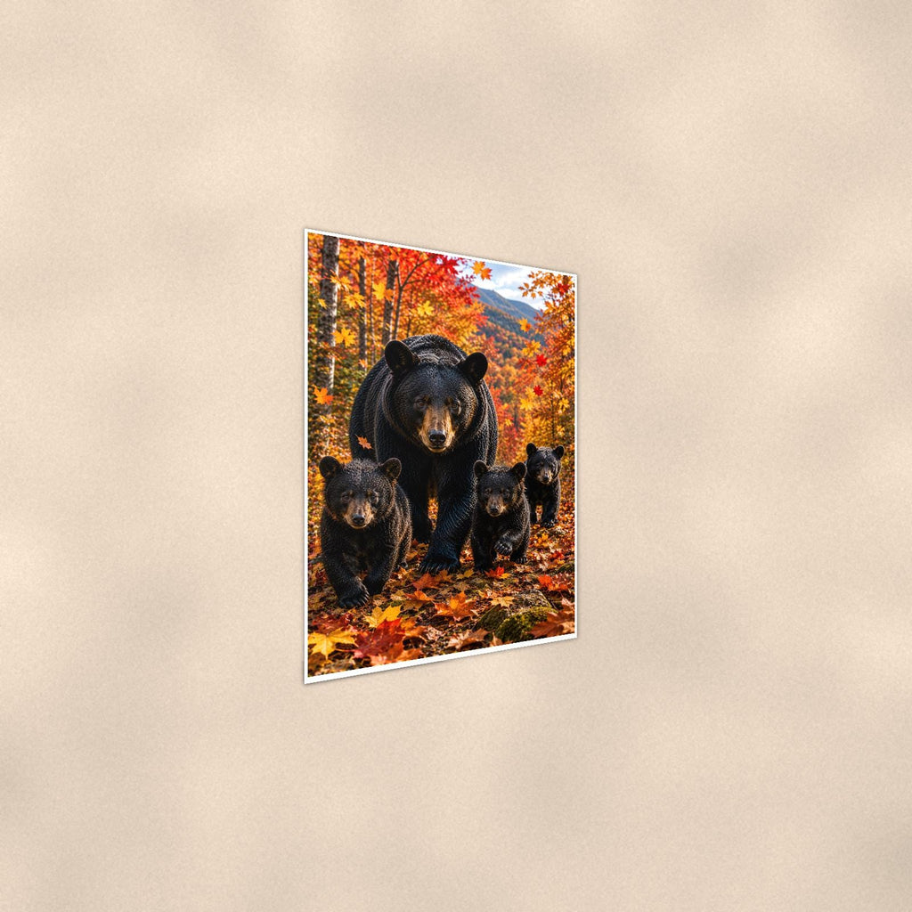 Autumn Family Bear — 24x36 in art print poster, premium luster paper with a white border; steeper three-quarter angle on a warm wall, catching the luster sheen.