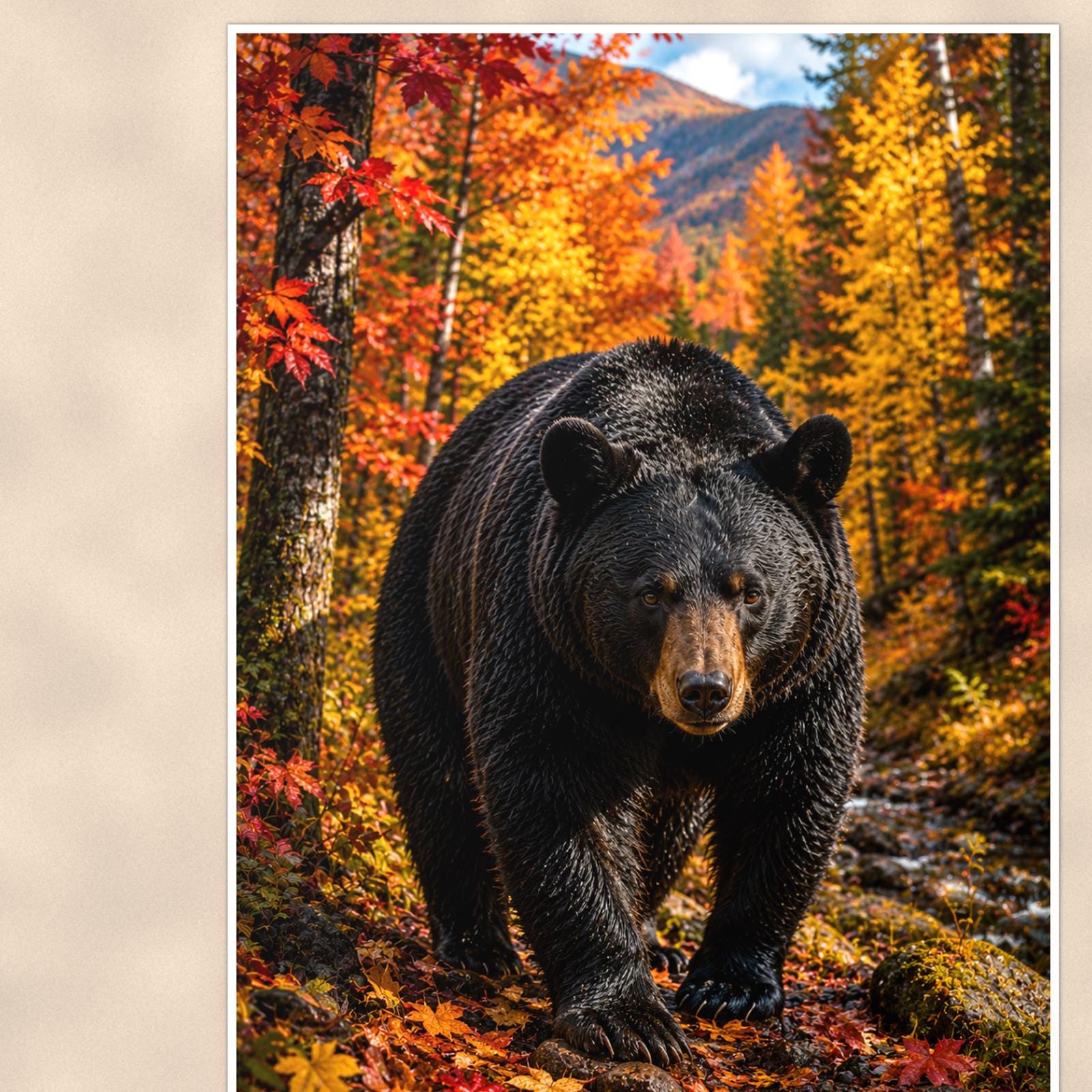 Autumn Forest Bear — 24x36 in art print poster, premium luster paper with a white border; close-up framed on the main subject of the artwork, paper surface visible.