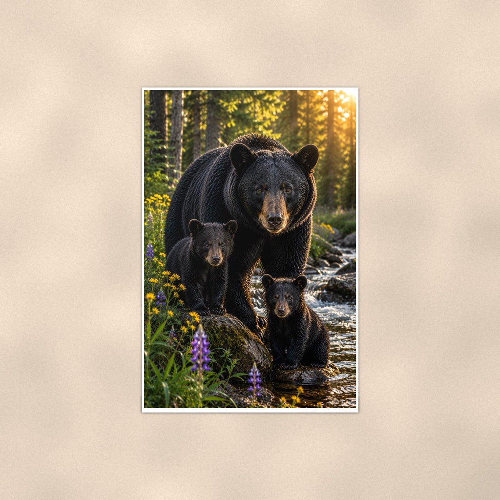 Cub by the Stream Bear — 24x36 in art print poster, premium luster paper with a white border; poster shown straight on against a warm wall.