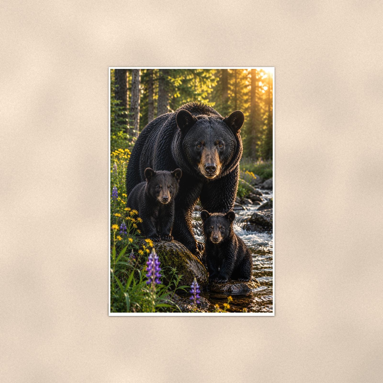 Cub by the Stream Bear — 24x36 in art print poster, premium luster paper with a white border; poster shown straight on against a warm wall.
